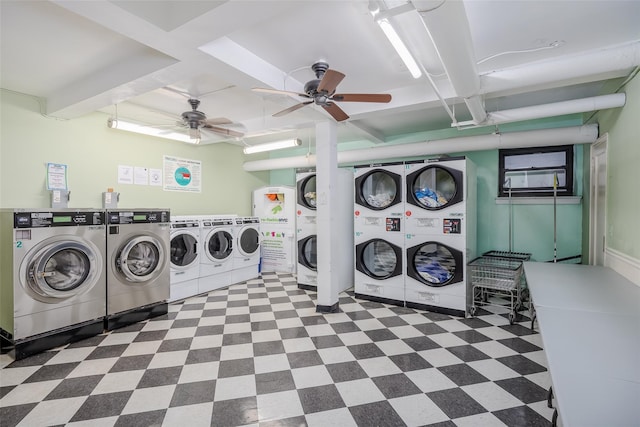 laundry room with stacked washer / drying machine, ceiling fan, and independent washer and dryer