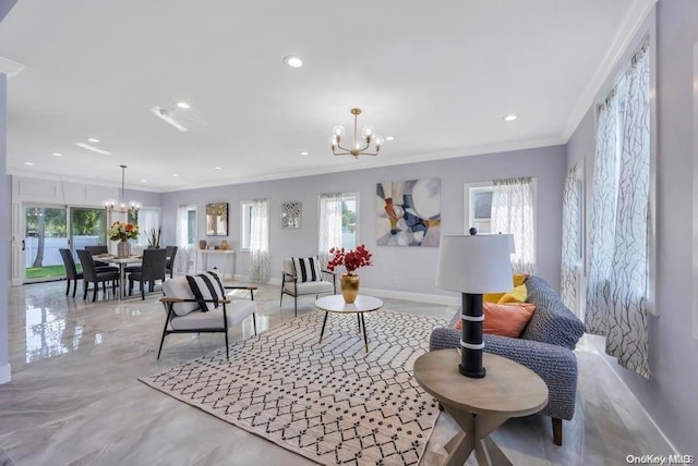 living room featuring a wealth of natural light, crown molding, and a chandelier