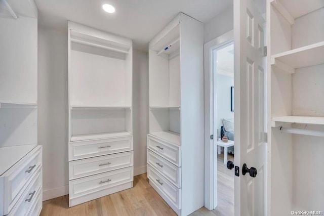 walk in closet with light hardwood / wood-style flooring