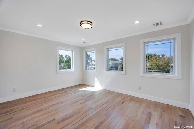 spare room with light hardwood / wood-style floors, ornamental molding, and a wealth of natural light