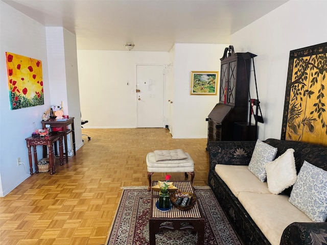 living room featuring light parquet flooring