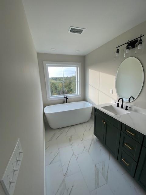 bathroom with a washtub and vanity