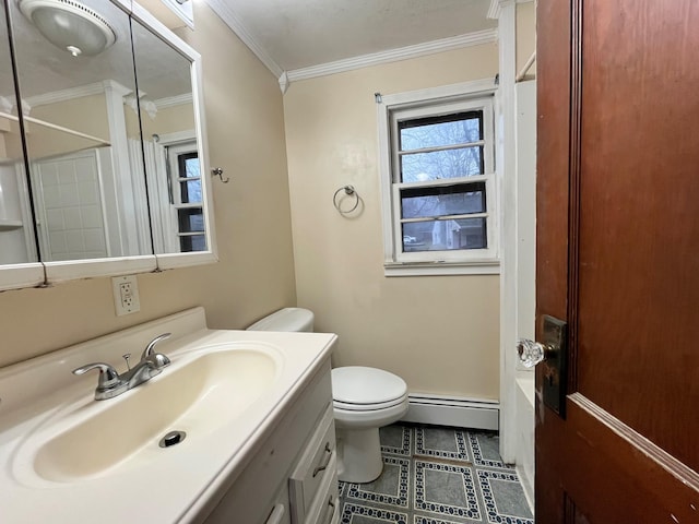 full bathroom featuring a baseboard radiator, ornamental molding, toilet, and vanity