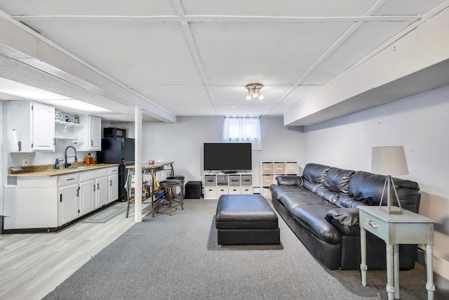 living room featuring light hardwood / wood-style flooring and sink