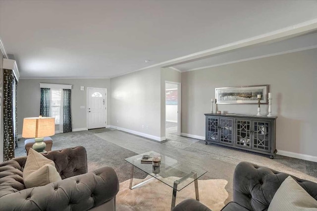 carpeted living room featuring lofted ceiling and crown molding