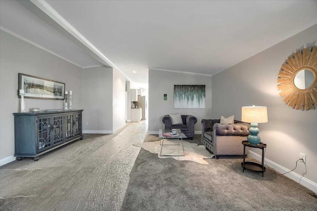 living room with carpet flooring, vaulted ceiling, and ornamental molding