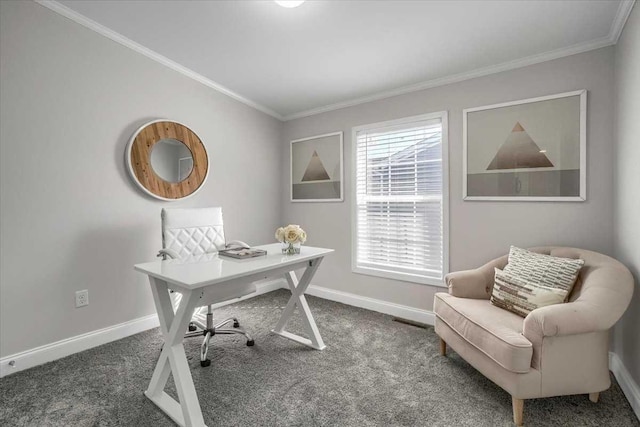 office space with dark carpet and ornamental molding