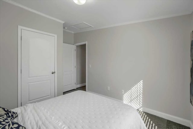 carpeted bedroom featuring ornamental molding