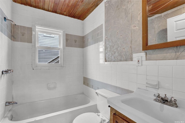 full bathroom with wood ceiling, vanity, shower / bathing tub combination, tile walls, and toilet