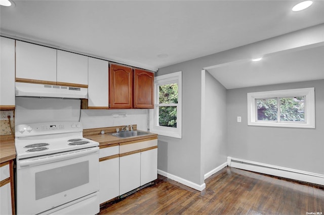 kitchen with baseboard heating, dark wood-type flooring, sink, white range with electric cooktop, and white cabinetry