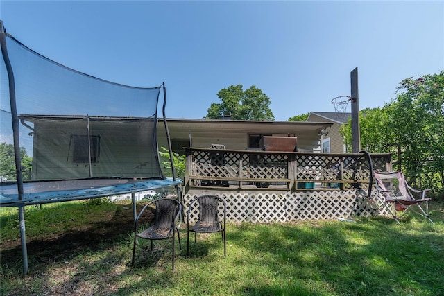 rear view of house with a yard and a trampoline