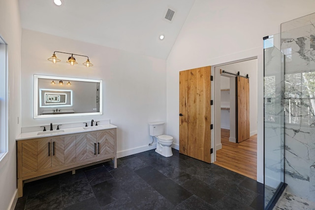 bathroom with an enclosed shower, vanity, wood-type flooring, high vaulted ceiling, and toilet