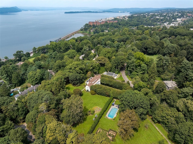 drone / aerial view with a water view