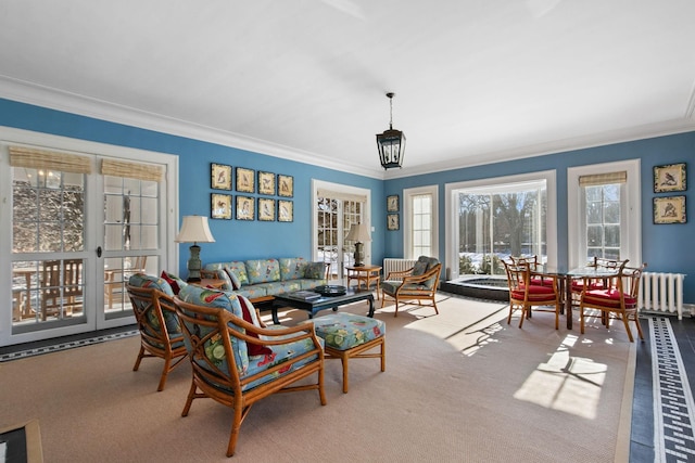 living room with crown molding and carpet flooring