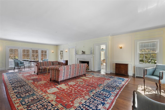 living room featuring radiator, dark hardwood / wood-style flooring, and crown molding