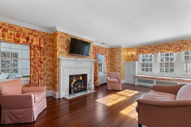 living room with radiator, dark wood-type flooring, and ornamental molding