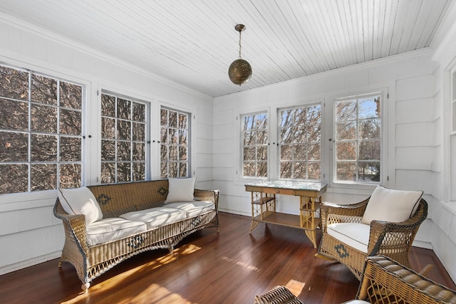 sunroom / solarium featuring wood ceiling