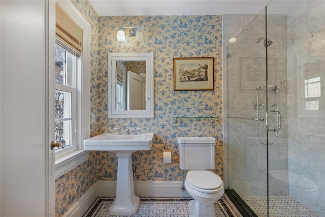 36 Revolutionary Rd, Briarcliff Manor, NY 10510 - bathroom featuring a shower stall and wallpapered walls