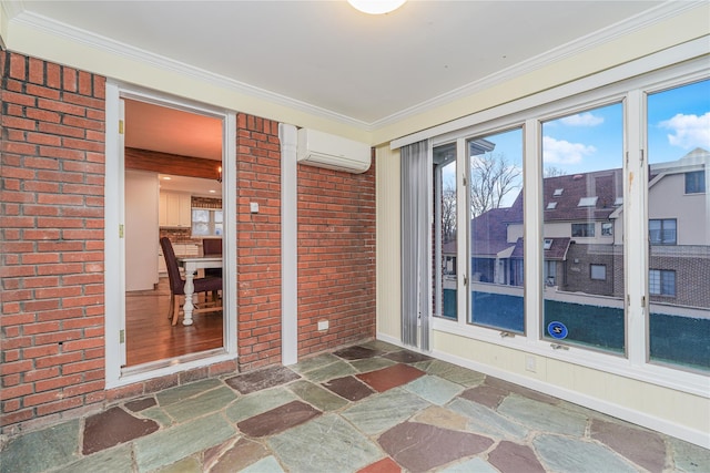 unfurnished sunroom with an AC wall unit