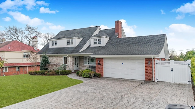 view of front of property with a garage and a front lawn