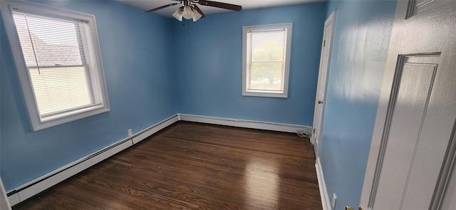 unfurnished room with dark hardwood / wood-style flooring, a healthy amount of sunlight, and a baseboard heating unit