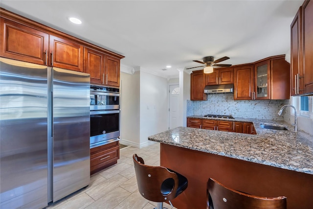 kitchen with ceiling fan, sink, stone countertops, appliances with stainless steel finishes, and ornamental molding