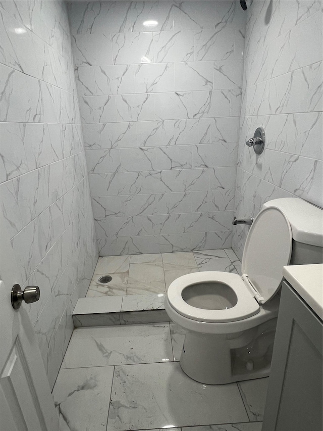 bathroom with toilet, vanity, and tiled shower