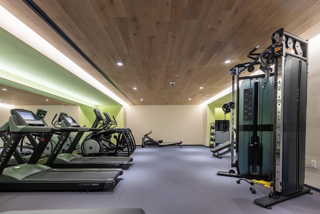 workout area featuring wood ceiling