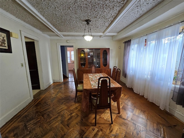 dining room with dark parquet flooring