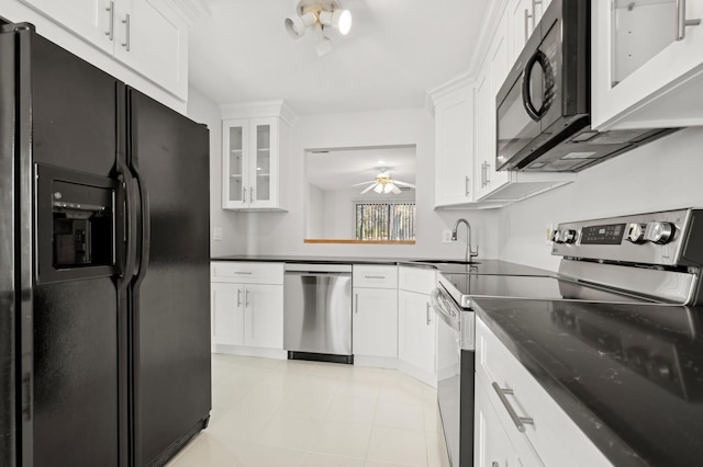 kitchen featuring white cabinetry, sink, ceiling fan, and black appliances