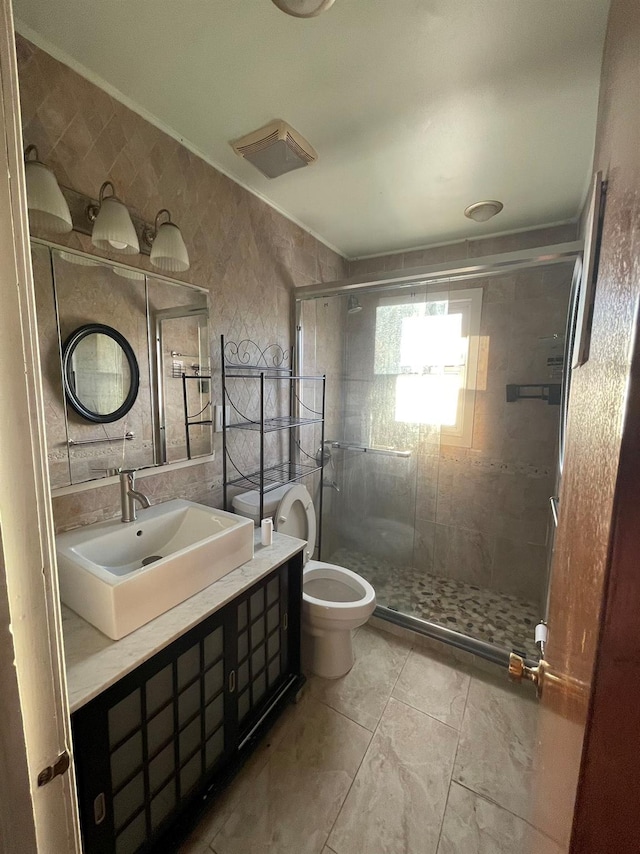 bathroom with vanity, a shower with shower door, and toilet