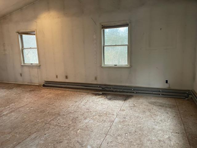 spare room featuring plenty of natural light, lofted ceiling, and baseboard heating