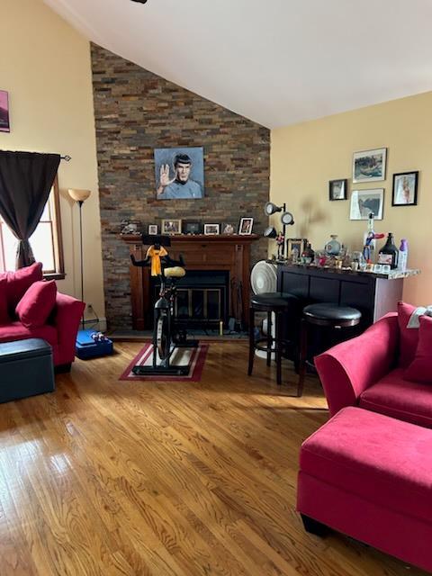 living room featuring a large fireplace, high vaulted ceiling, and wood-type flooring