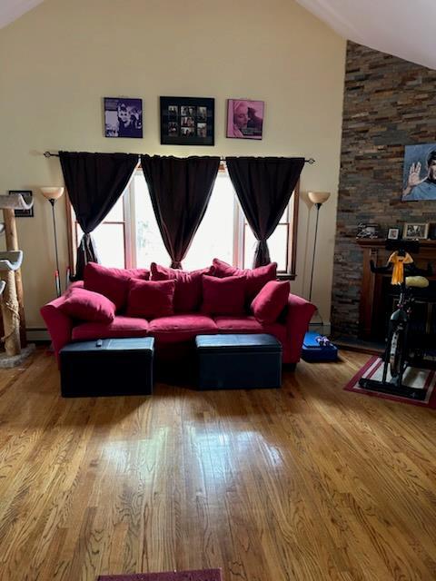 living room with wood-type flooring, a fireplace, and high vaulted ceiling