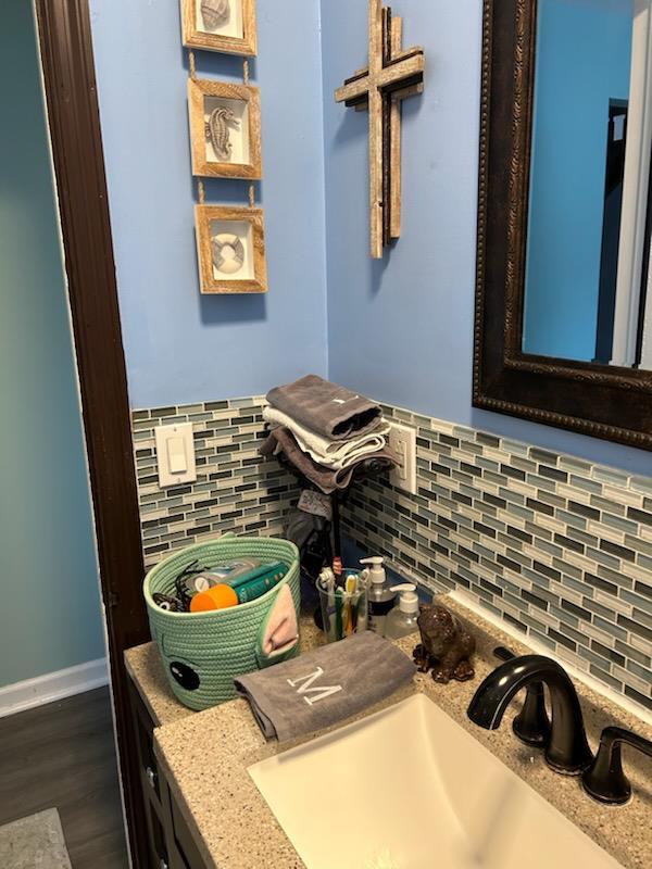 bathroom featuring decorative backsplash, vanity, and wood-type flooring