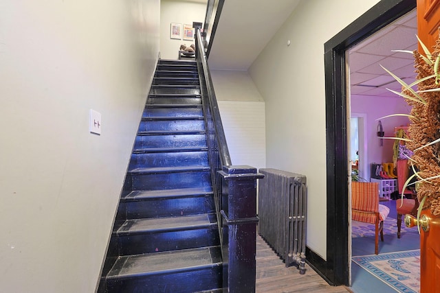 stairs featuring hardwood / wood-style flooring and radiator