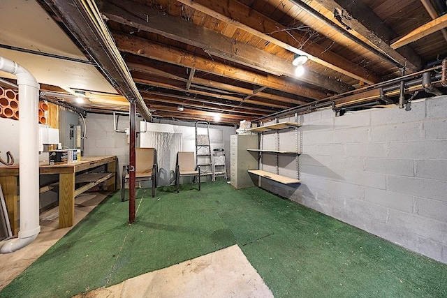 basement with a workshop area