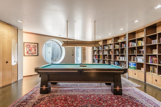 rec room with pool table and dark hardwood / wood-style floors