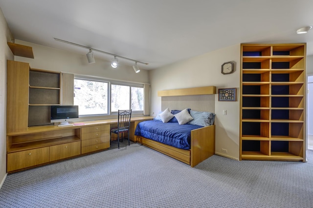 carpeted bedroom featuring rail lighting and built in desk