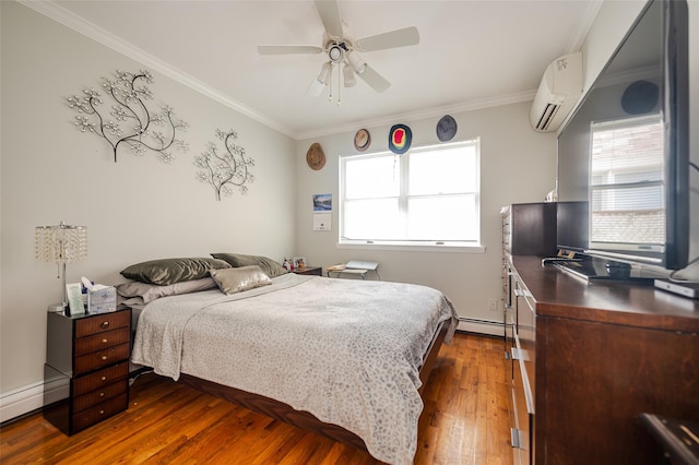 bedroom featuring ceiling fan, dark hardwood / wood-style floors, a baseboard heating unit, a wall mounted AC, and crown molding