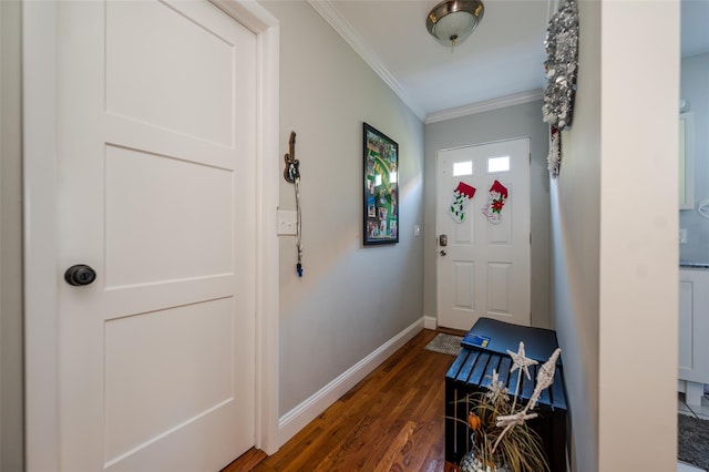 entryway featuring crown molding and dark wood-type flooring