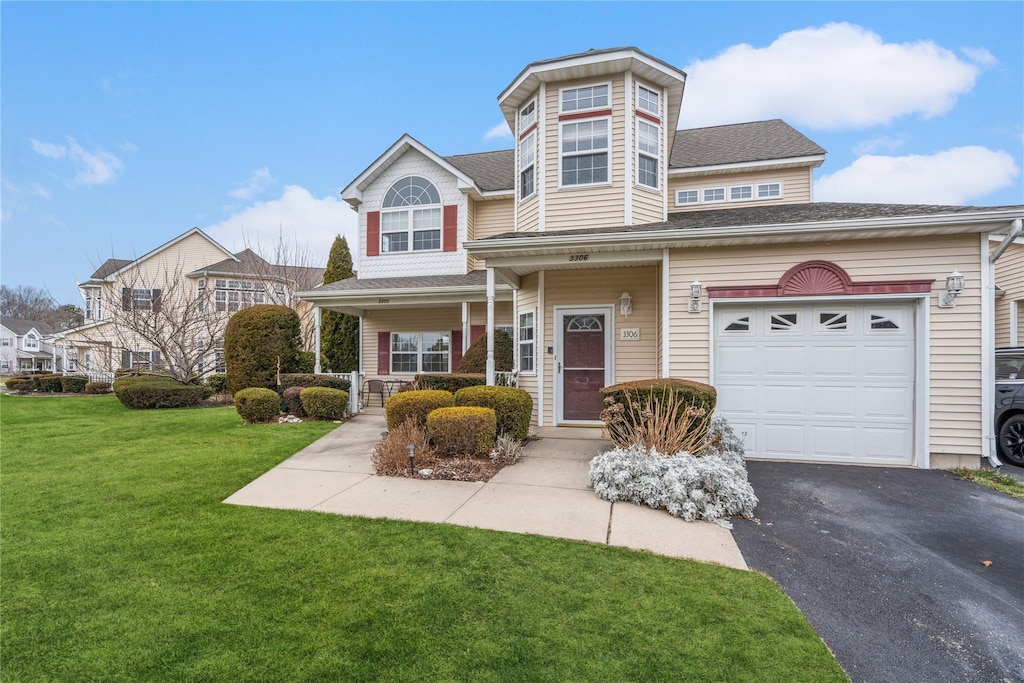 view of front of home with a front yard and a garage