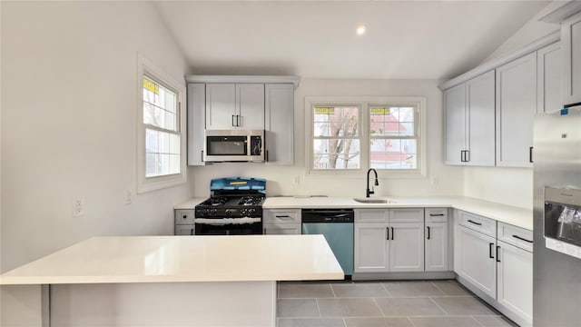 kitchen with a healthy amount of sunlight, sink, stainless steel appliances, and vaulted ceiling