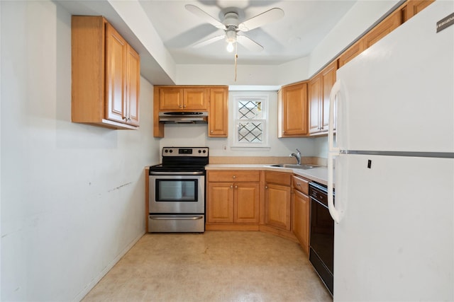 kitchen featuring stainless steel range with electric stovetop, ceiling fan, sink, white refrigerator, and black dishwasher