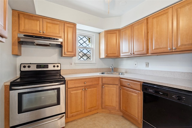 kitchen featuring stainless steel range with electric stovetop, sink, and black dishwasher