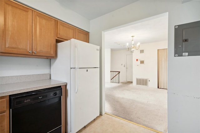 kitchen featuring black dishwasher, white refrigerator, a notable chandelier, electric panel, and light colored carpet