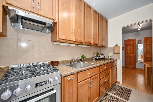 kitchen featuring backsplash, sink, light hardwood / wood-style floors, and stainless steel range with gas stovetop