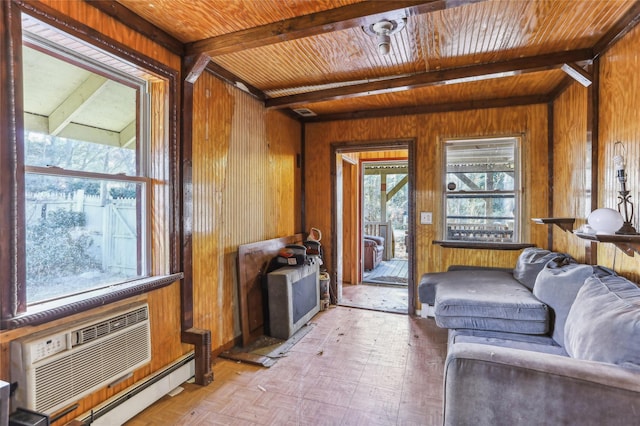 living room featuring beamed ceiling, wood walls, wooden ceiling, and light parquet flooring