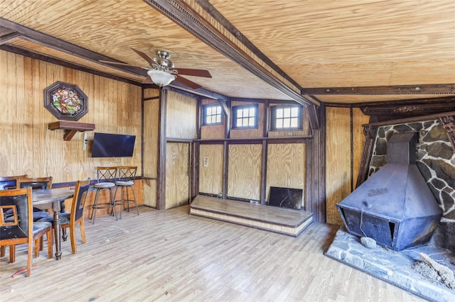 interior space with light wood-type flooring, a wood stove, wood walls, and wood ceiling