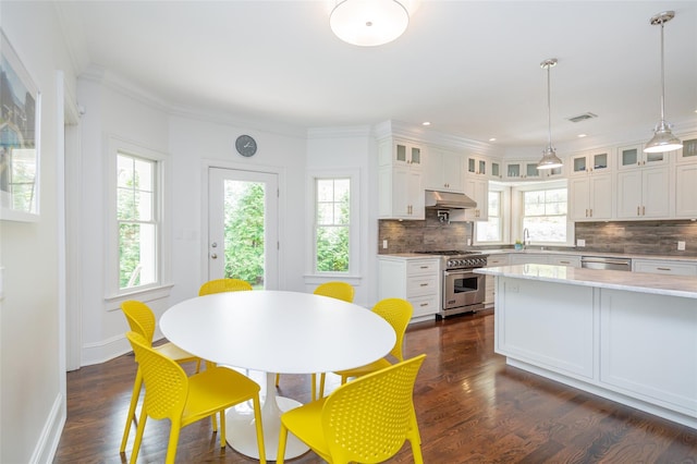 kitchen featuring stainless steel appliances, extractor fan, dark wood-type flooring, white cabinets, and hanging light fixtures